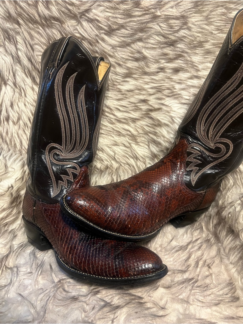 Tony Lama BLK LabelBrown Snakeskin Vamp Black Embroidered Western Boots size 9 D